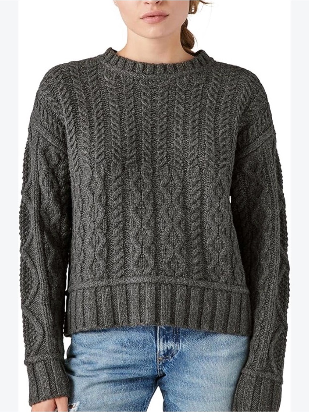 Lucky brand cropped chunky cotton cable knit fisherman sweater grey medium